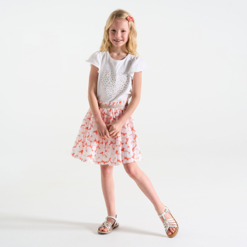 تيشيرت بأكمام فراشة ورسمة قلب، باللون الأبيض للفتيات